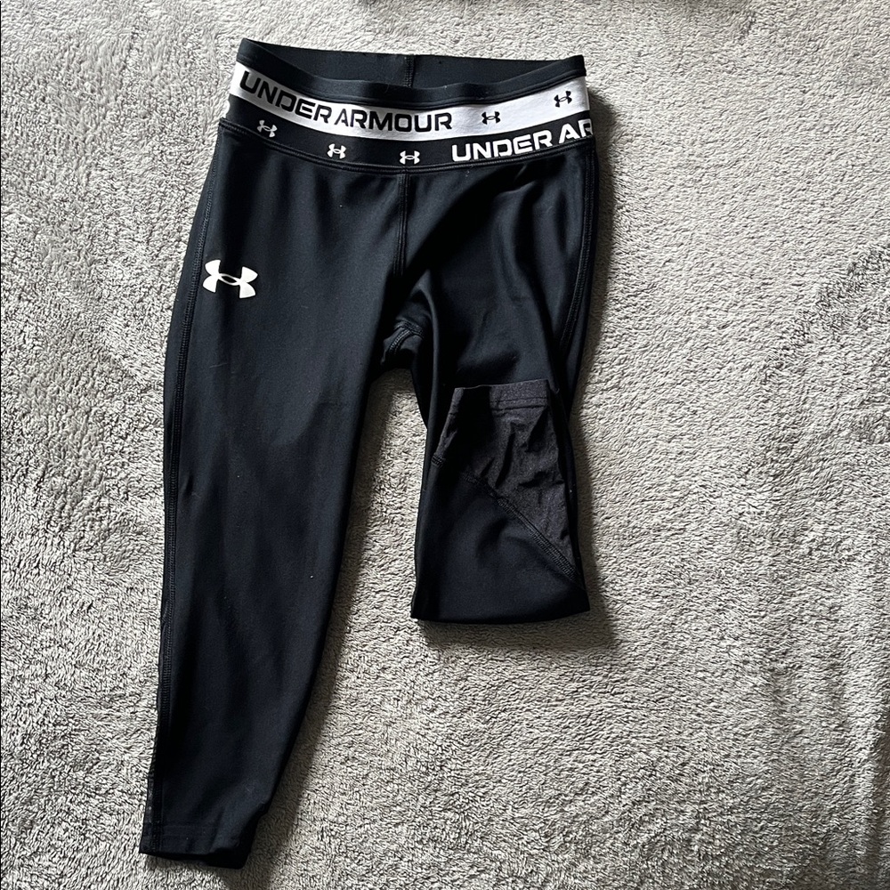 Under Armour Black Kids' Athletic Compression Leggings with White Logo Waistband